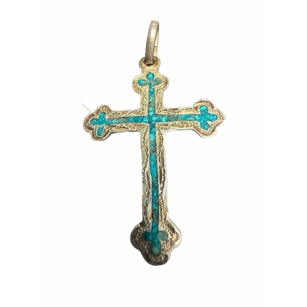 sterling silver cross pendant featuring turquoise gemstone inlay Has Marking